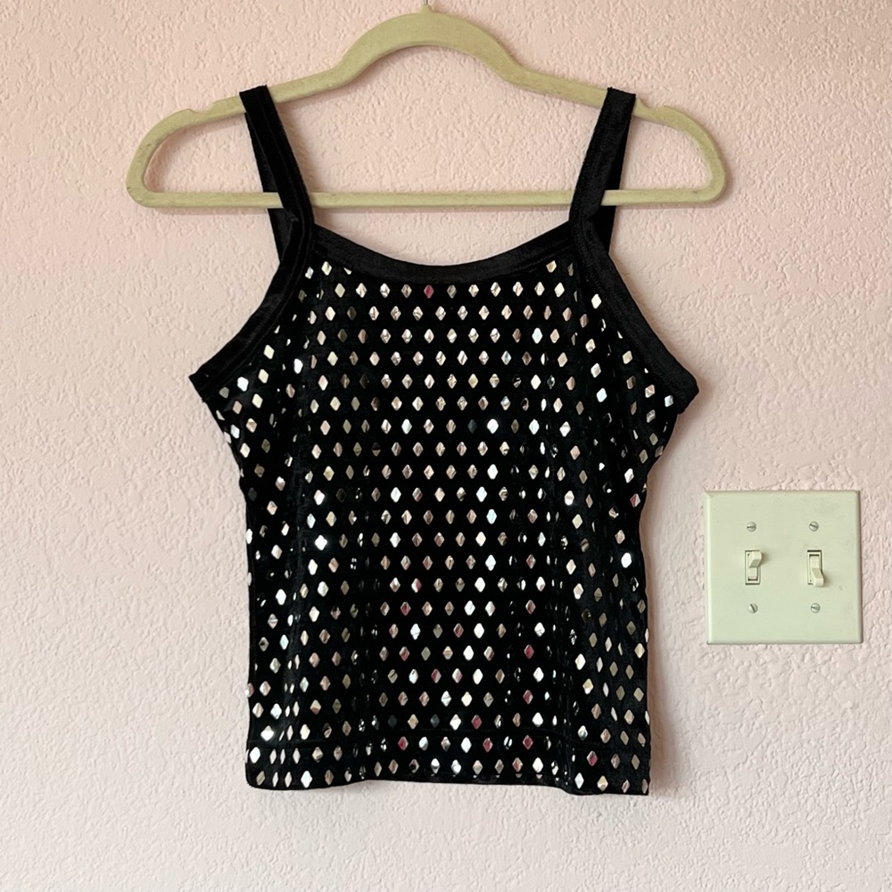 Vintage Y2K 2000s mcbling black velvet top with silver foil details